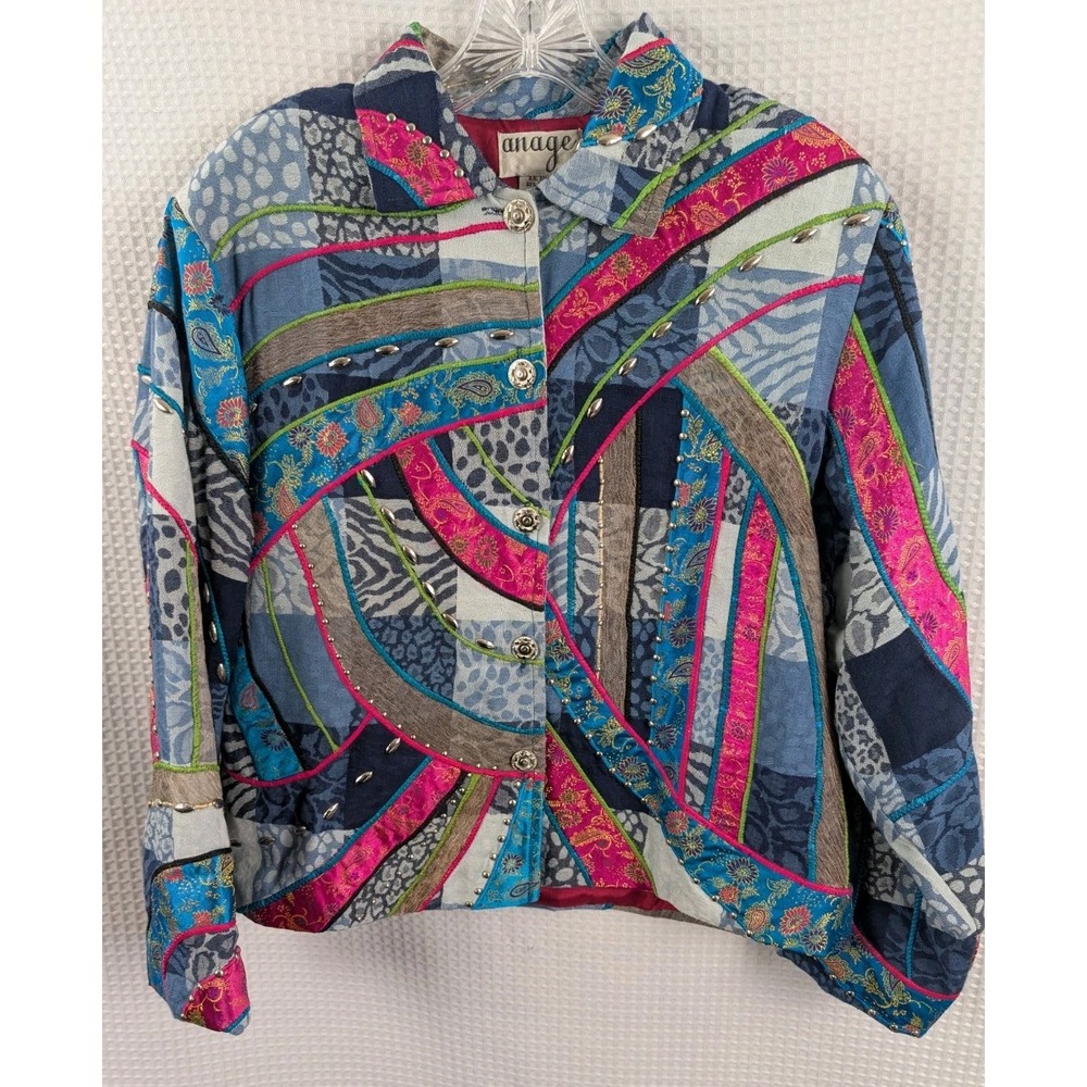 Anage Embroidered Silk Jacket Black Size Large Art To Wear NWOT Metallic Floral